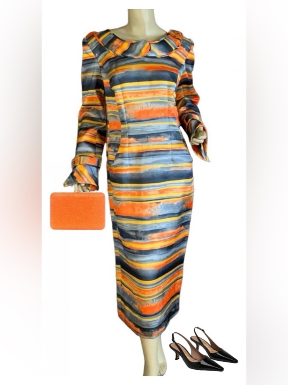 LILLY & TAYLOR ORANGE, YELLOW & GRAY STRIPED WIGGLE DRESS WITH JEWEL CUFFS (8)
